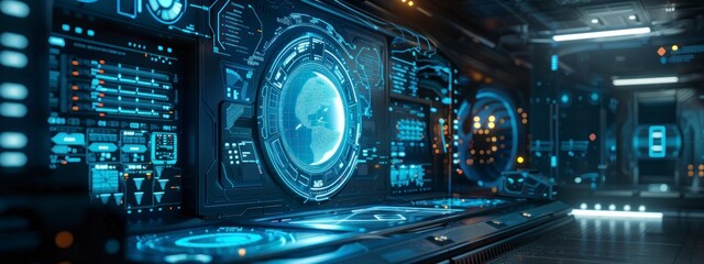 Obraz premium Holographic interface with floating data in a high-tech lab environment.