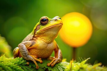 Obraz premium vibrant spring peeper portrait with bright yellow throat patch against blurred lush green forest background during golden hour with shallow depth of field