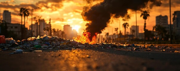 Fototapeta premium A street filled with garbage and smoke from burning trash