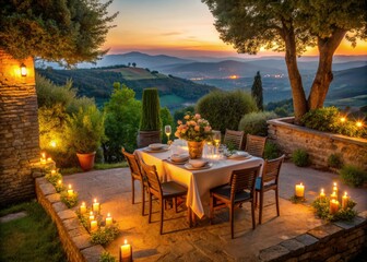 Fototapeta premium Golden Hour Wine Pour Umbria Sunset Villa romantic ambiance warm candlelit dinner intimate private villa secluded hilltop serene peaceful idyllic warm golden light