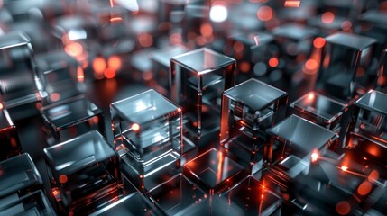 Fototapeta premium Interconnected cubes with metallic textures and reflective surfaces.