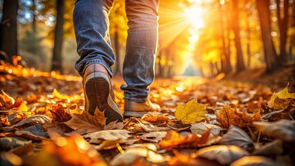 Close-up of feet walking through autumn leaves with sunlight peeking through trees
