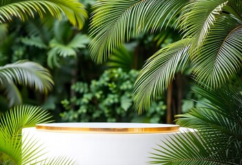 Obraz premium White cylindrical podium with a golden circular frame, surrounded by lush green palm leaves against a dark green background.