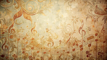 Musical notes and floral patterns on a vintage textured background