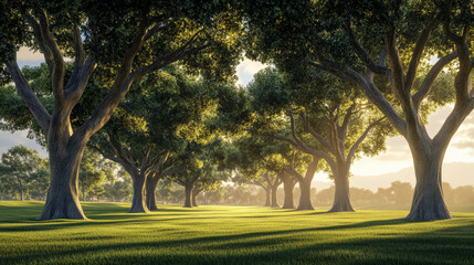 Fototapeta premium Asian landscape, tall ancient trees, broad canopies, clear blue sky, soft white clouds, no orange sunlight, neutral daylight, peaceful, harmonious, serene, nature, open land, no buildings