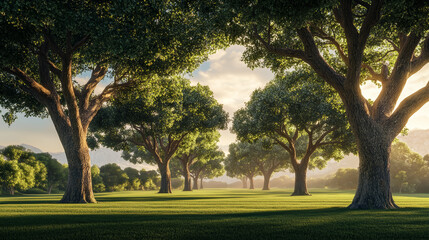 Asian landscape, tall ancient trees, broad canopies, clear blue sky, soft white clouds, no orange sunlight, neutral daylight, peaceful, harmonious, serene, nature, open land, no buildings
