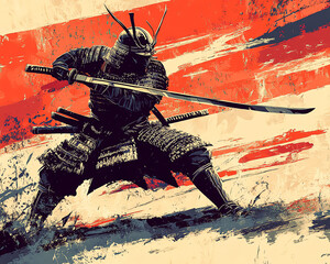 A samurai warrior in full armor wielding a katana sword with a dramatic red background.