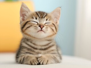 Obraz premium Cute Tabby Kitten with Closed Eyes and Paws Together
