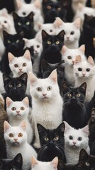 Cats with various fur colors and patterns staring ahead