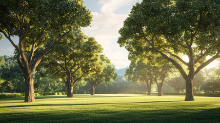 Fototapeta premium Asian landscape, tall ancient trees, broad canopies, clear blue sky, soft white clouds, no orange sunlight, neutral daylight, peaceful, harmonious, serene, nature, open land, no buildings