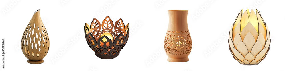 Poster a laser cut wood lamp with a full length front view isolated on a transparency