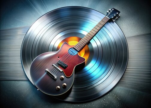 retro futuristic mashup of guitar and vinyl record on metallic silver background with bold typography and saturated colors evoking nostalgia