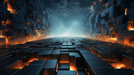 Futuristic 3D grid of binary code cubes, floating in a blue digital space, illustrating the realms of technology and communication,
Digital Realms of Abstract Composition in a Futuristic Grid