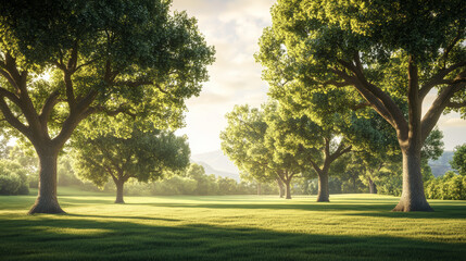 Obraz premium Asian landscape, tall ancient trees, broad canopies, clear blue sky, soft white clouds, no orange sunlight, neutral daylight, peaceful, harmonious, serene, nature, open land, no buildings