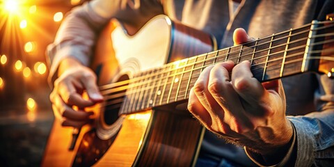 Obraz premium intimate closeup of guitarist's fingers on fretboard with shallow depth of field and warm golden lighting conveying sense of passion