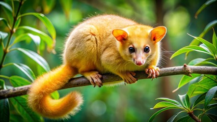 A photo image of a golden brushtail possum with its prehensile tail curled around a branch, surrounded by lush Australian foliage