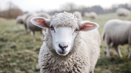 Fototapeta premium Adorable Sheep Standing in a Pastoral Setting, Showcasing Its Soft Wool and Gentle Expression