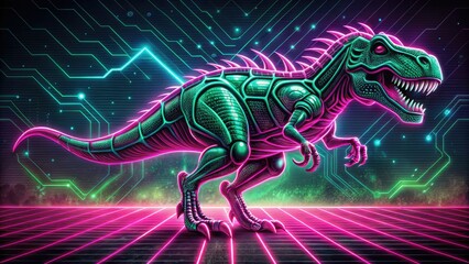 Retro futuristic mashup of stylized Tyrannosaurus Rex vectors in neon pink and green hues against a textured metallic background with abstract circuitry patterns.