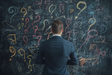 Businessman studies a blackboard with question marks and scribbles as he tries to piece together his business plan. Ideal for visuals emphasizing strategic planning and problem resolution