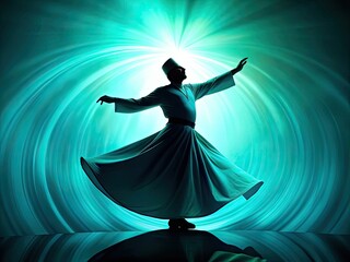 whirling dervish silhouette against vibrant turquoise background with dramatic shadows and soft focus effect conveying mystical ecstasy and freedom