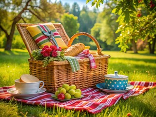 summer afternoon picnic basket colorful linens