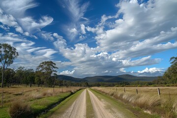 Long dirt road is leading through green meadows to distant mountains under a cloudy blue sky