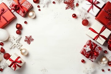 Christmas composition with gift boxes, card balls fir branches pine cones with copy space. Christmas