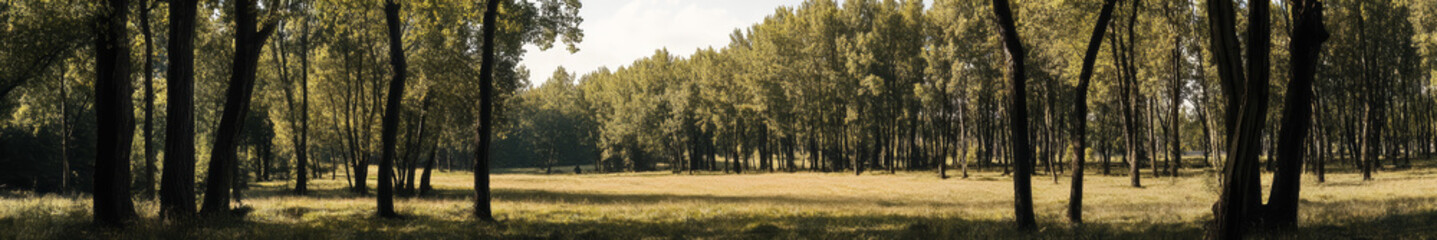 Obraz premium Asian landscape, tall ancient trees, broad canopies, clear blue sky, soft white clouds, no orange sunlight, neutral daylight, peaceful, harmonious, serene, nature, open land, no buildings