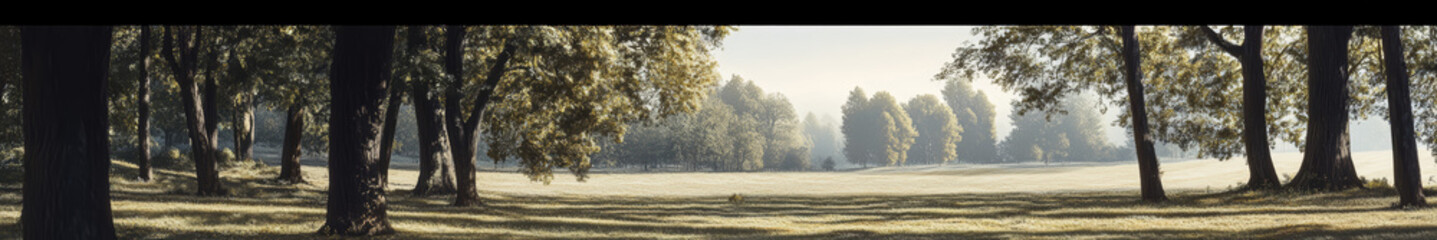 Obraz premium Asian landscape, tall ancient trees, broad canopies, clear blue sky, soft white clouds, no orange sunlight, neutral daylight, peaceful, harmonious, serene, nature, open land, no buildings