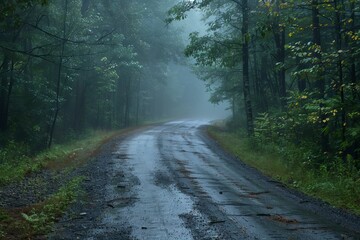 Fototapeta premium Wet gravel road is winding through a thick green forest on a foggy morning