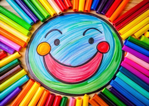 A photo image of a colorful Sharpie drawing of a smiling cartoon face with bold lines, bright colors, and a playful expression.