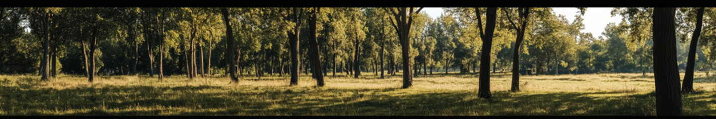 Obraz premium Asian landscape, tall ancient trees, broad canopies, clear blue sky, soft white clouds, no orange sunlight, neutral daylight, peaceful, harmonious, serene, nature, open land, no buildings