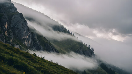 Fog rolling through a mountain pass, foggy weather, mysterious and silent
background wallpaper