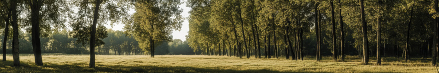 Obraz premium Asian landscape, tall ancient trees, broad canopies, clear blue sky, soft white clouds, no orange sunlight, neutral daylight, peaceful, harmonious, serene, nature, open land, no buildings