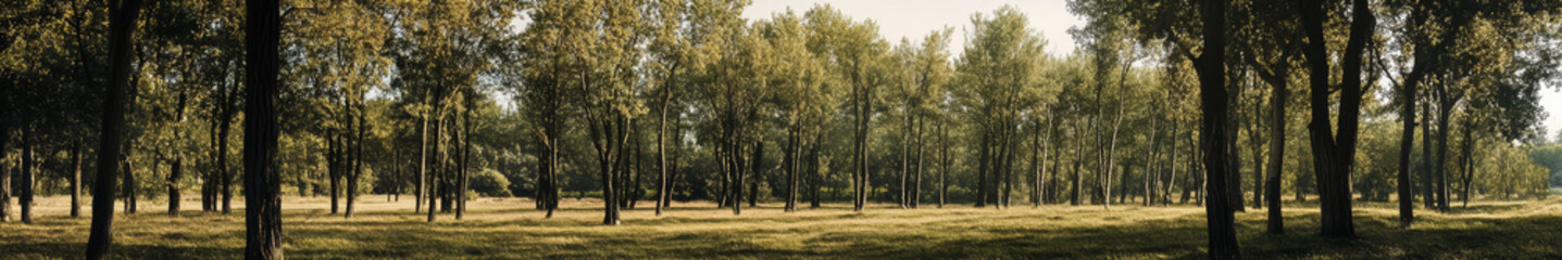 Fototapeta premium Asian landscape, tall ancient trees, broad canopies, clear blue sky, soft white clouds, no orange sunlight, neutral daylight, peaceful, harmonious, serene, nature, open land, no buildings