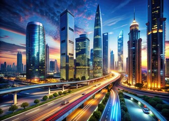 Obraz premium Futuristic cityscape at night with sleek sustainable skyscrapers and a highway filled with electric cars and buses