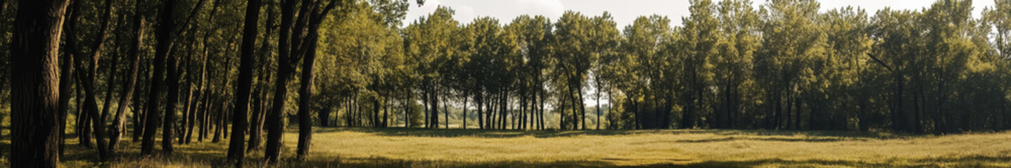 Fototapeta premium A serene landscape in an Asian region, featuring numerous tall, ancient trees with broad canopies spread across the scene. The trees are large and majestic, creating a sense of tranquility and natural