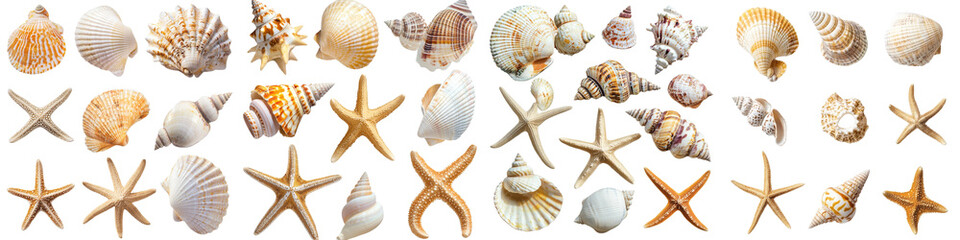 An abstract seashell concept featuring Turban Snail, Bay Scallop, Sea Scallop, Periwinkle on a transparent background