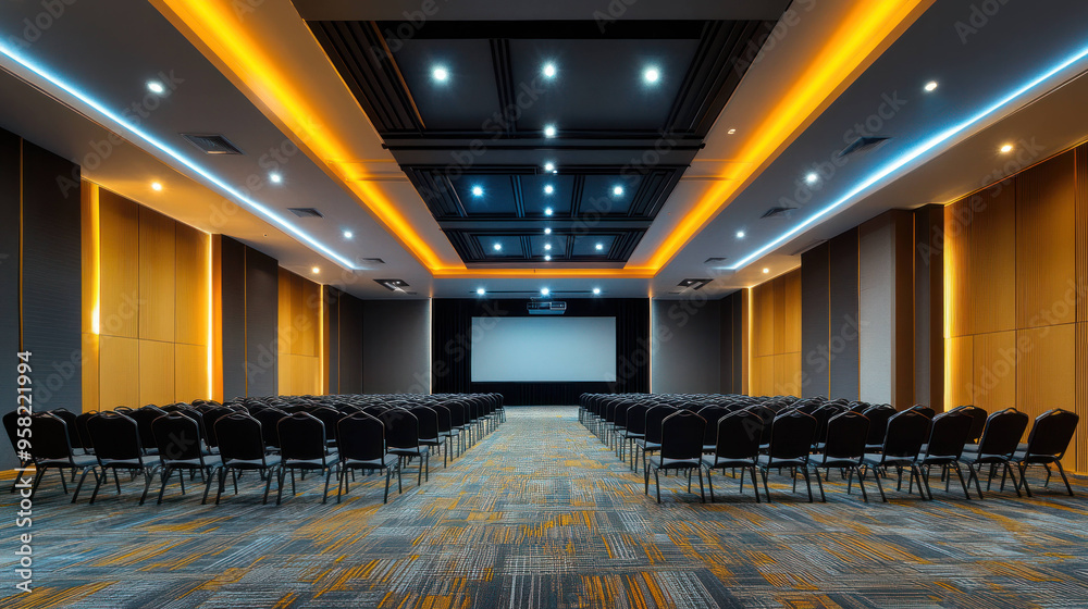 Poster a spacious conference room with rows of chairs, ideal for presentations and meetings. modern design 