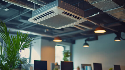 Fototapeta premium Ceiling mounted air conditioning unit in modern office space, providing comfort and pleasant atmosphere.