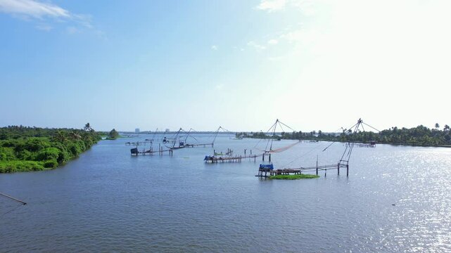 Chinese fishing nets or cheena vala are a type of stationary lifty at Kadamakudy chellanam landscape