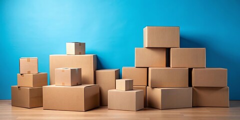 Collection of cardboard boxes on blue background