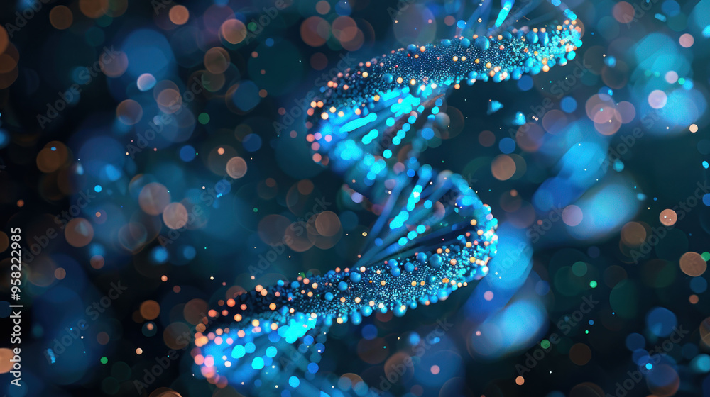 Aufkleber A vibrant DNA double helix structure with glowing particles and bokeh background, symbolizing genetic science and innovation.