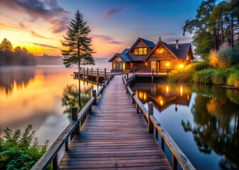 Fototapeta premium secluded waterfront estate mystique dawn breaking misty atmosphere rustic wooden docks warm earthy tones cozy nautical themed rustic retreat