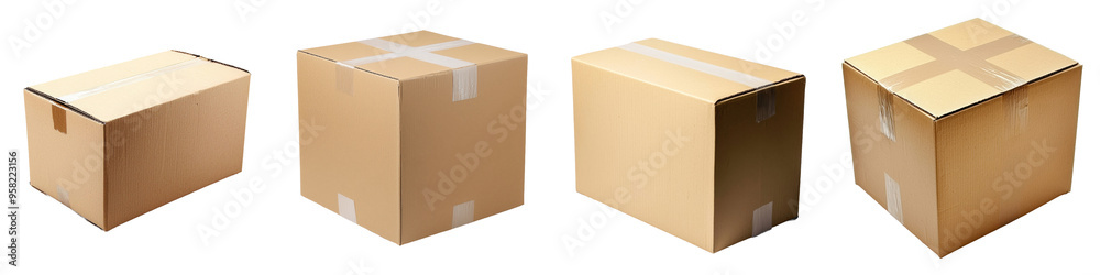 Poster on a transparent background, a side view of a cardboard box is seen