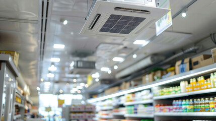 Efficient air conditioning system in grocery store aisle, ensuring comfort and freshness.