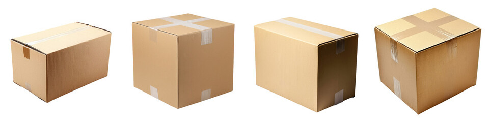 On a transparent background, a side view of a cardboard box is seen