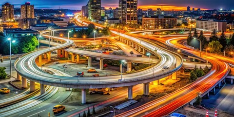 nighttime cityscape highway intersection construction zone roadwork traffic cones Orange cones white lights reflectors urban development infrastructure modernization bold bright colors