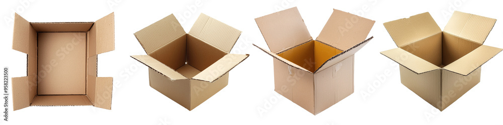 Poster An empty cardboard box open sideways on a transparent background