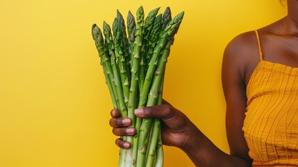 Woman hands holding a bunch of fresh asparagus.